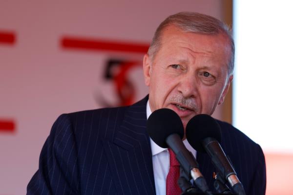 Turkish President Recep Tayyip Erdogan speaks during celebrations marking the 50th anniversary of Turkey's invasion of Cyprus on July 20, 2024 in occupied northern Nicosia, Cyprus.