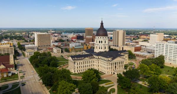 An aerial view of the capital statehouse grounds in Topeaka Kansas