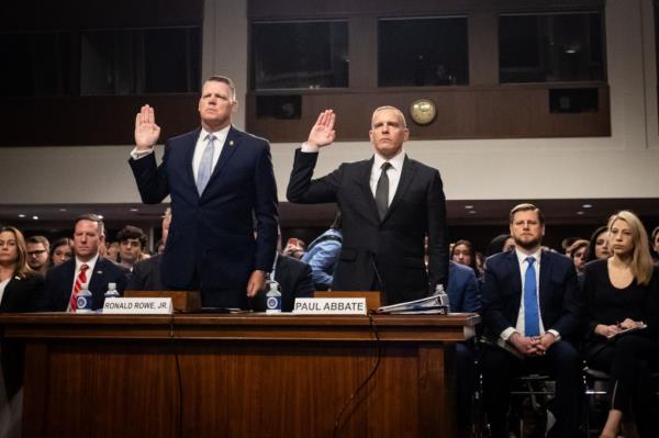 U.S. Secret Service Director Ro<em></em>nald Rowe, Jr. (left) and FBI Deputy Director Paul Abbate are sworn in to a hearing on the attempted assassination of ex-President Do<em></em>nald Trump at a campaign rally