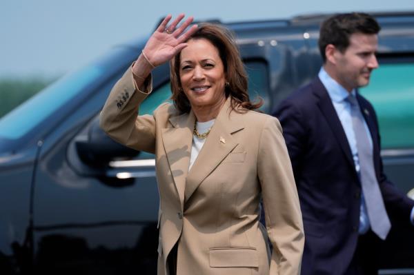 Vice President Kamala Harris waves as she arrives at Westfield-Barnes Regio<em></em>nal Airport in Westfield, Mass