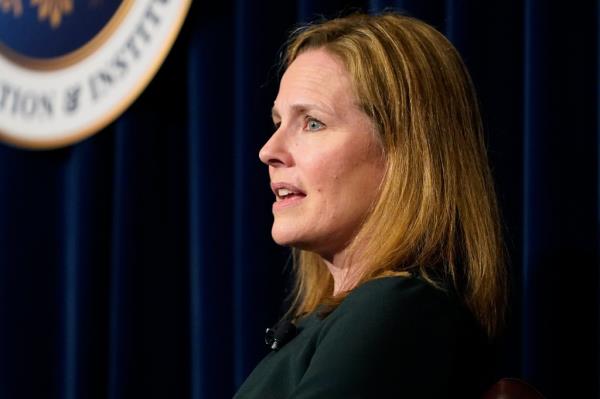 U.S. Supreme Court Associate Justice Amy Co<em></em>ney Barrett speaking at the Ro<em></em>nald Reagan Presidential Library Foundation in Simi Valley, California, April 4, 2022.