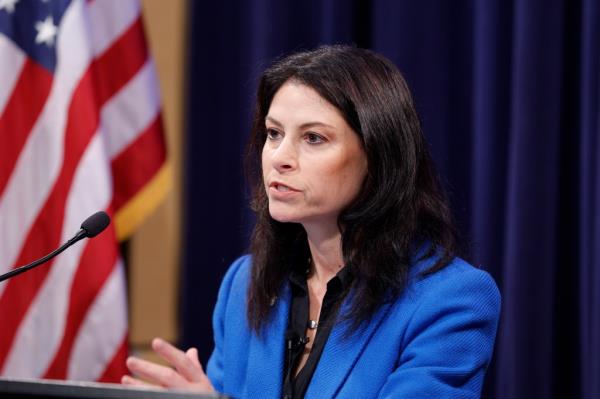 Michigan Attorney General Dana Nessel talks a<em></em>bout charging former House Speaker Lee Chatfield, Tuesday, April 16, 2024, in Lansing, Mich.