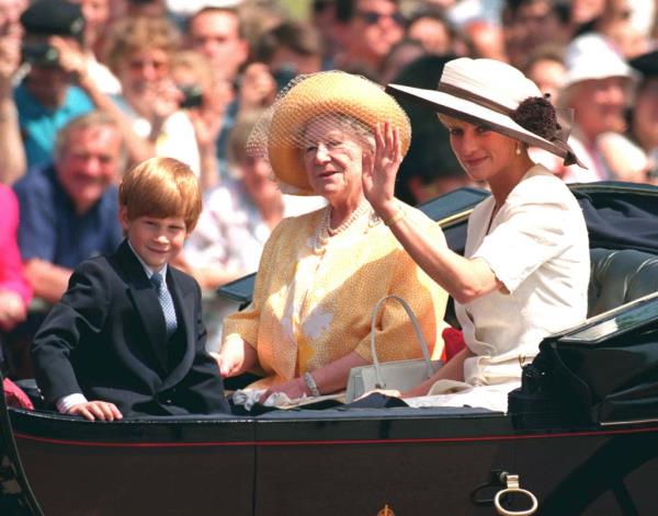 Queen Mother, Prince Harry, and Princess Diana at the trooping of the colour ceremony in London, 1992