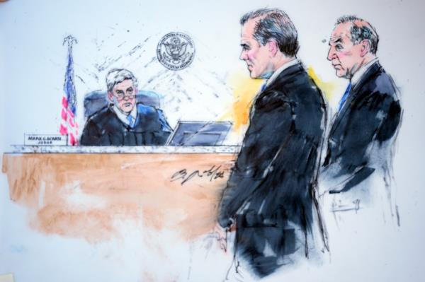 Court artists drawing of Hunter Biden in court.