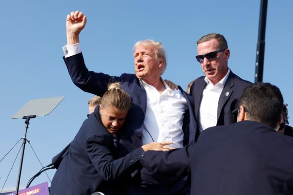 Trump is seen above being rushed off stage by Secret Service agents after he was shot in the ear.