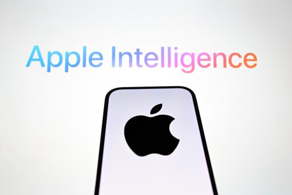 Apple logo on a phone screen. Words "Apple Intelligence" above.